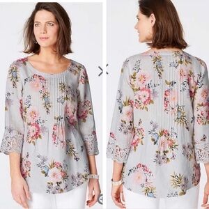 J.Jill Love Linen Multicolor Floral Printed Crochet Cuffs Pin tuck Top Small